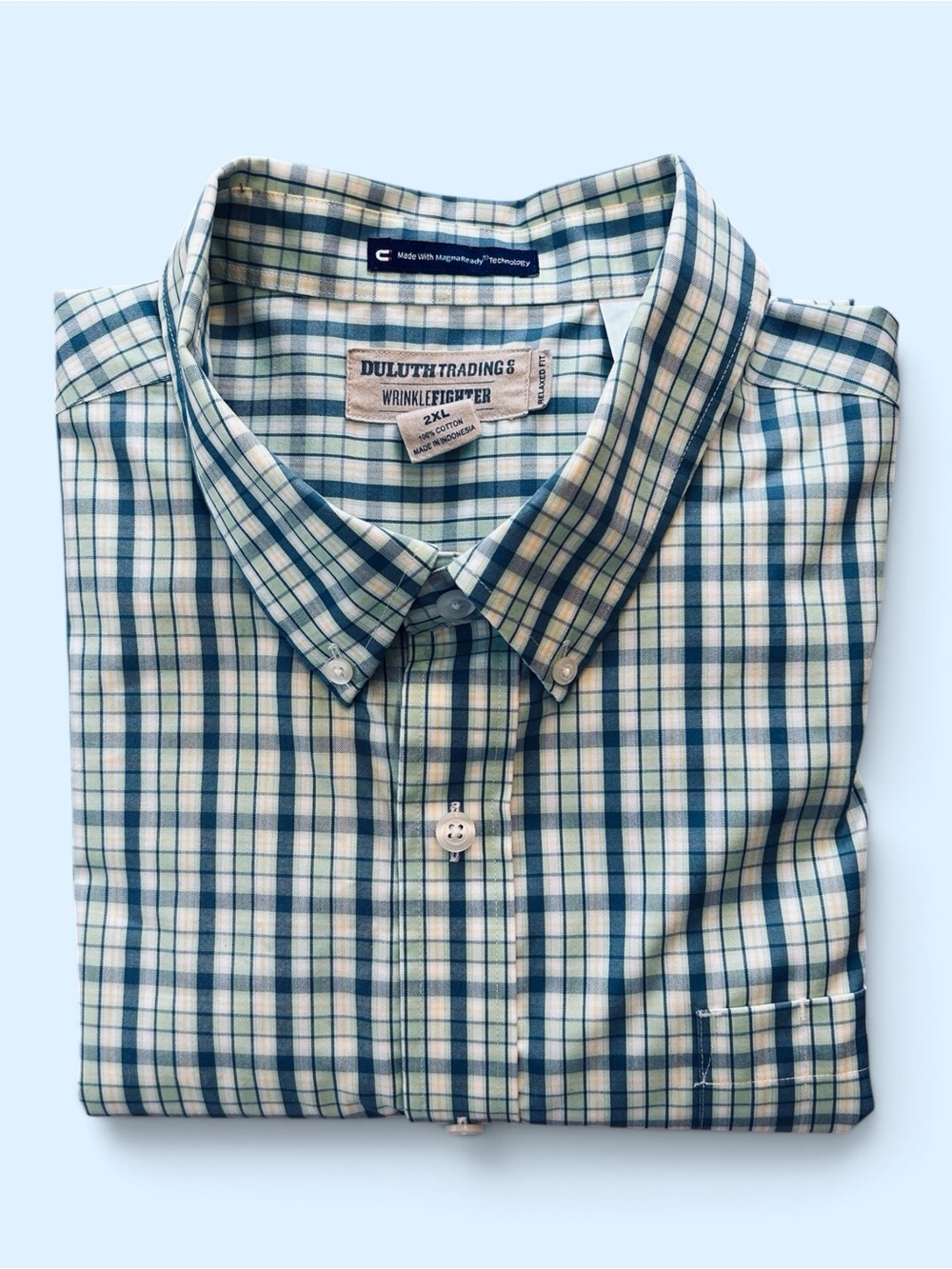 NWOT Duluth Trading Co Men’s 2XL Blue/Green MagnaReady Short Sleeve Button-Down